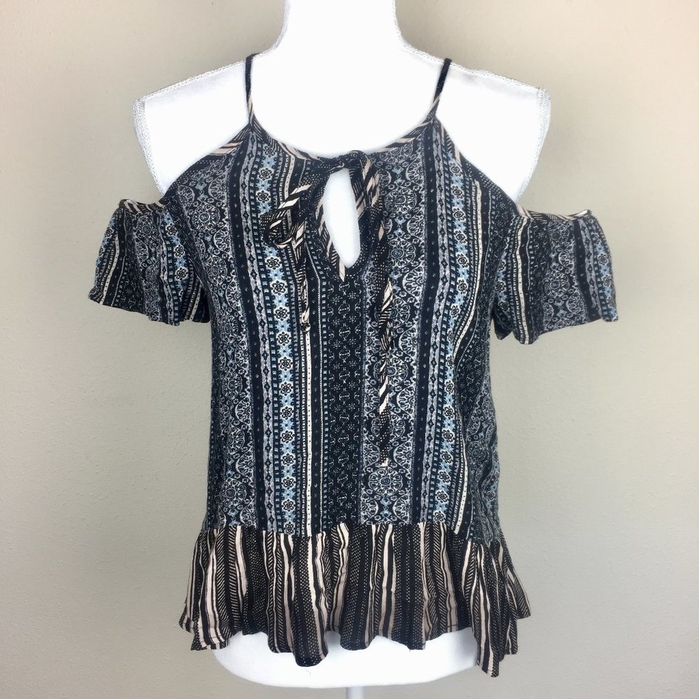🌞Monteau Cold Shoulder Peplum Keyhole Boho Top S